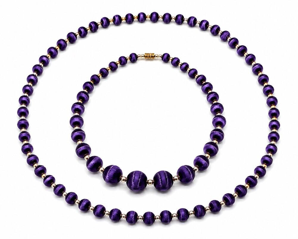 Vintage Satin Wrapped Purple Bead Necklace Set 18” & 30” Thread Wrap MCM Jewelry
